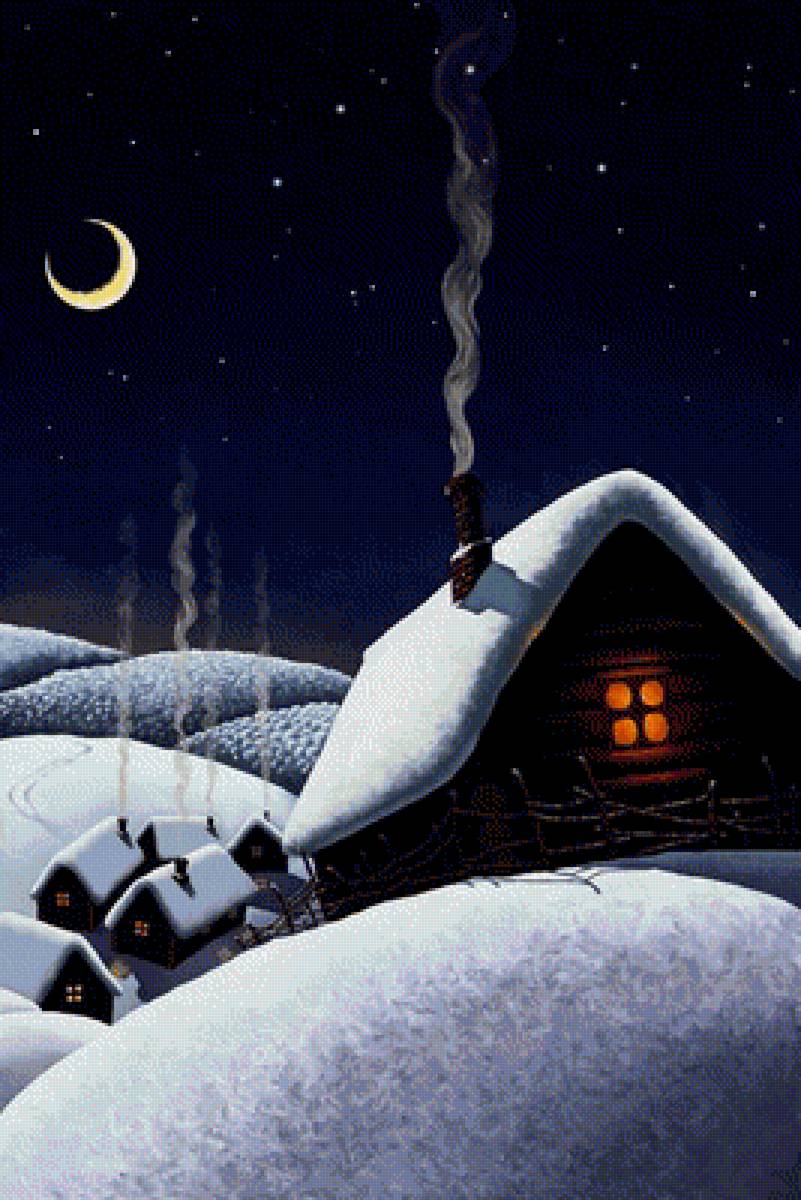волшебная ночь - зима, ночь, пейзаж, деревня - предпросмотр