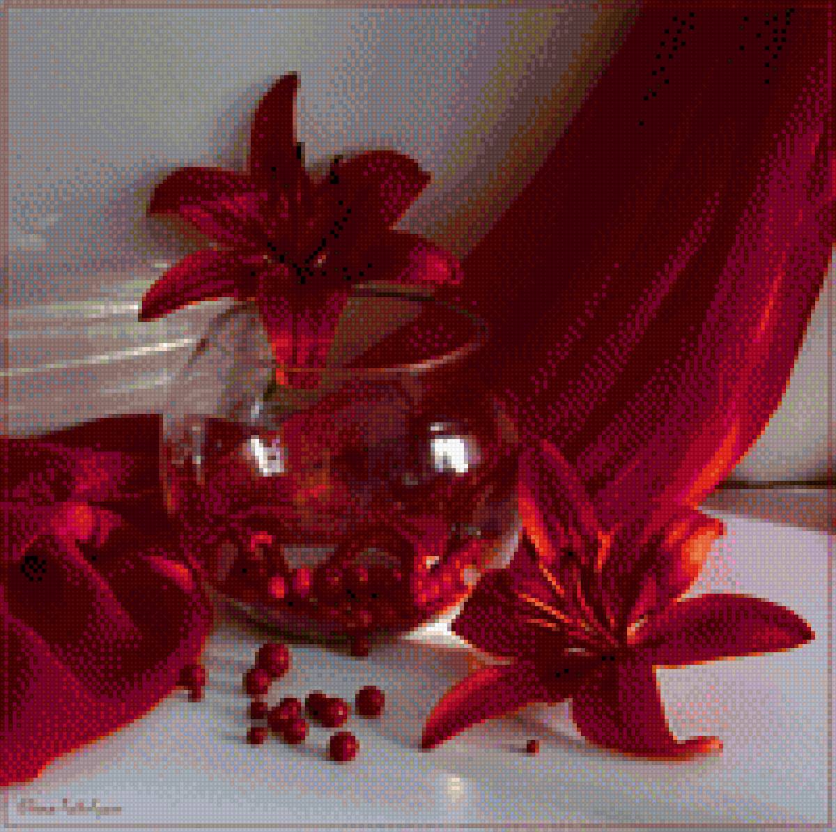красный натюрморт - цветы, лилии, натюрморт, красный - предпросмотр