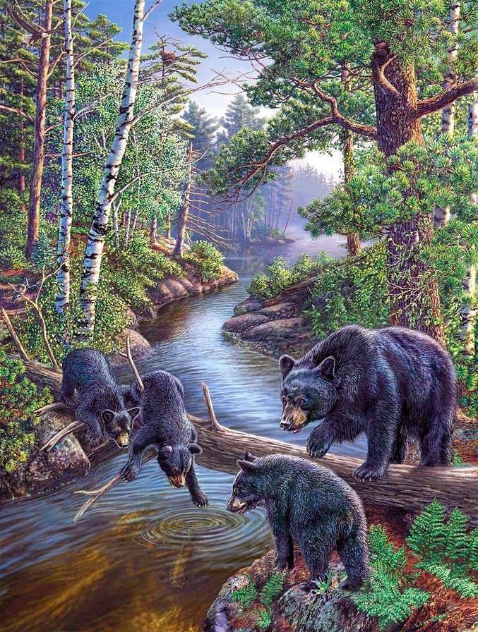 мать и дитя(для АннаАнна) - медведица, хищники, пейзаж, медведи, лес, река, охота, медвежата - оригинал