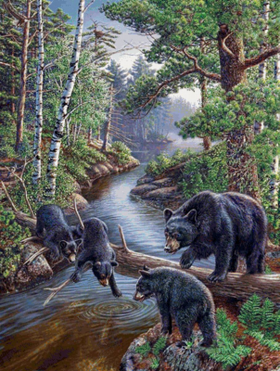 мать и дитя(для АннаАнна) - пейзаж, медвежата, охота, медведица, лес, хищники, река, медведи - предпросмотр