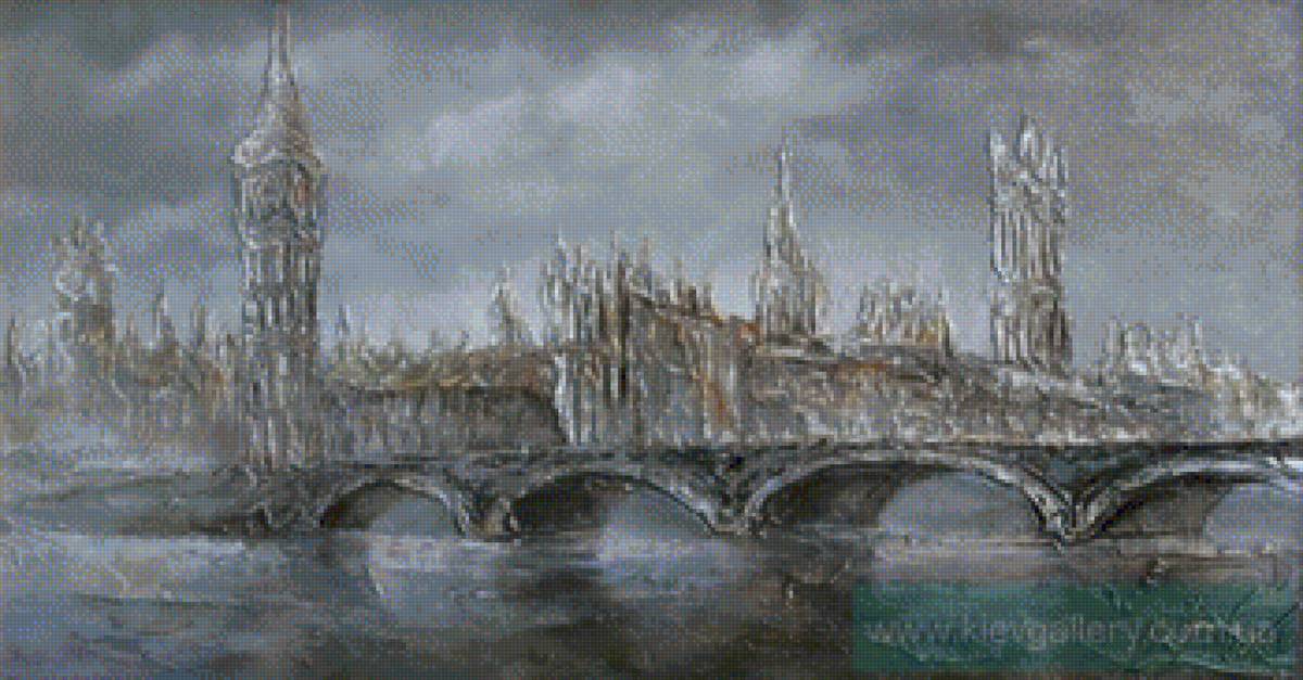 Лондон в тумане, картина художник Лаптева Виктория - городской пейзаж, лондон, мост, туман., река - предпросмотр