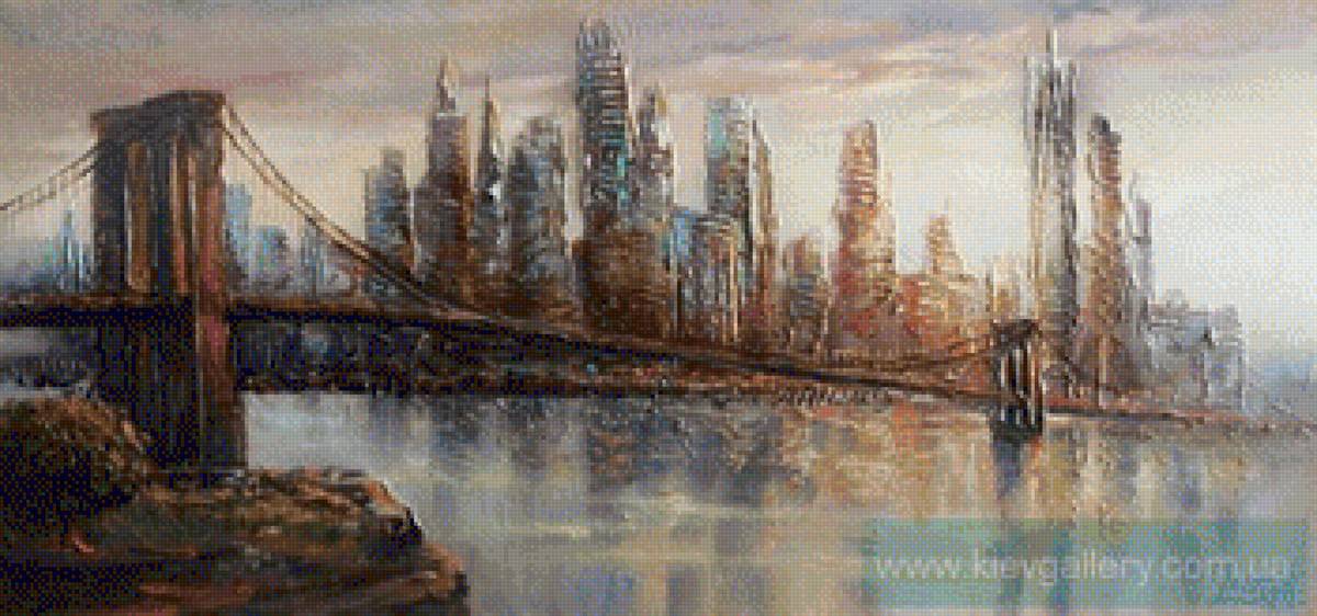 Манхеттен. Бруклинский мост, художник  Лаптева Виктория - река, город, манхеттен, бруклинский мост. - предпросмотр