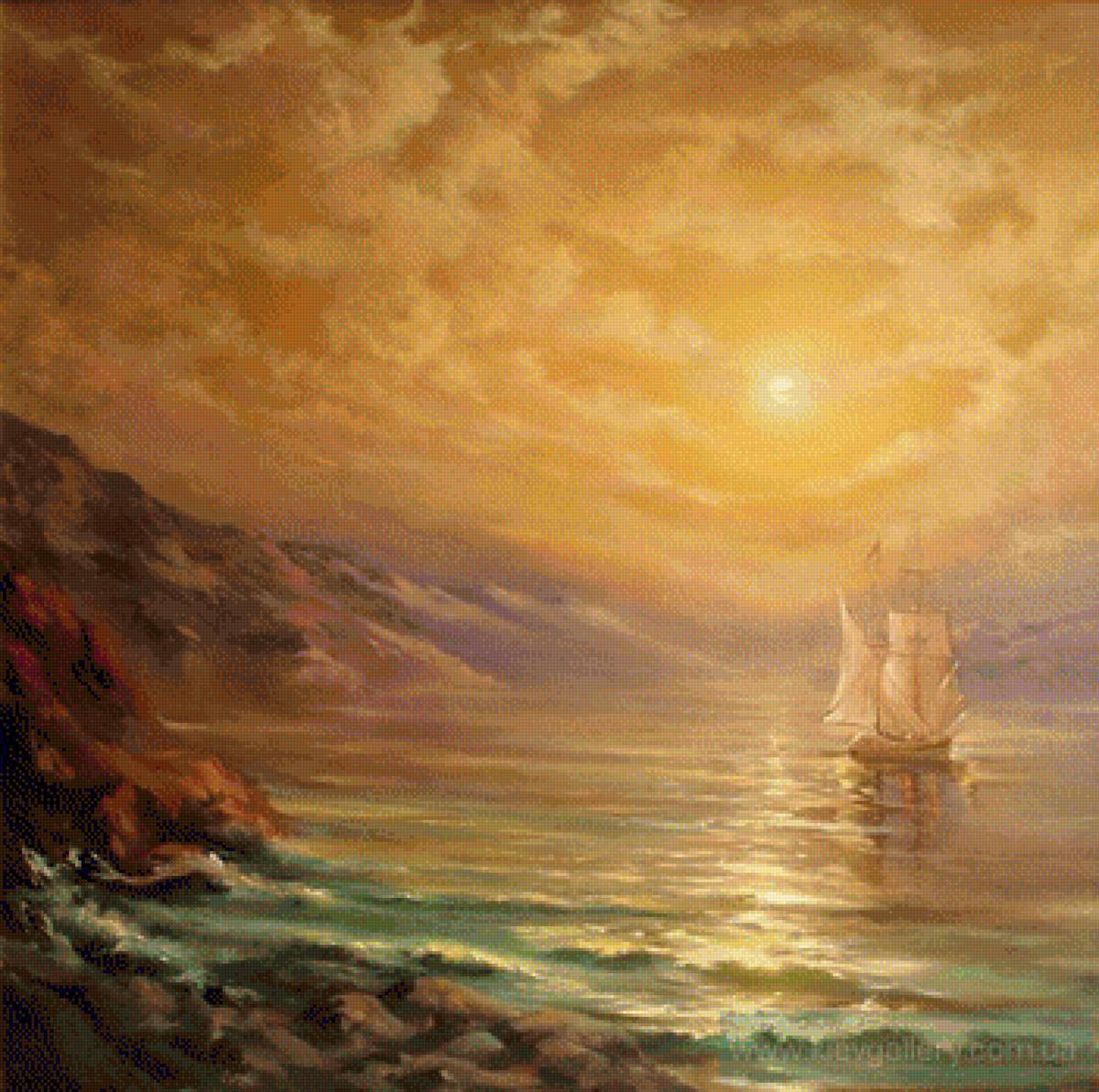 Золотая бухта, художник  Лаптева Виктория - море, закат, настроение, корабль, золотистый цвет, скалистый бер - предпросмотр
