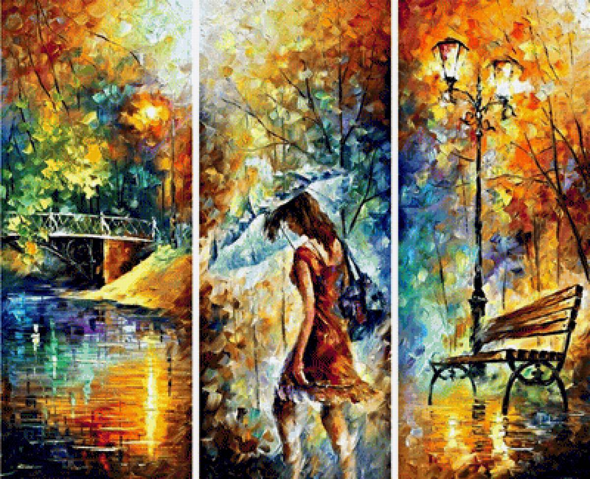 Триптих - вечер, женщина, живопись, дождь, осень, пейзаж, парк, река, мост - предпросмотр