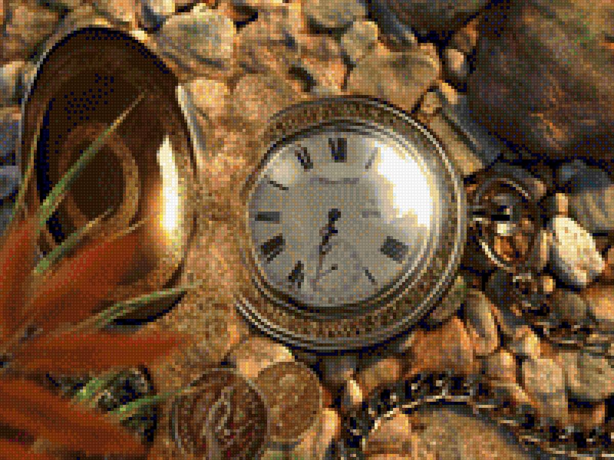 постоянство времени - монеты, камни, флора, часы - предпросмотр