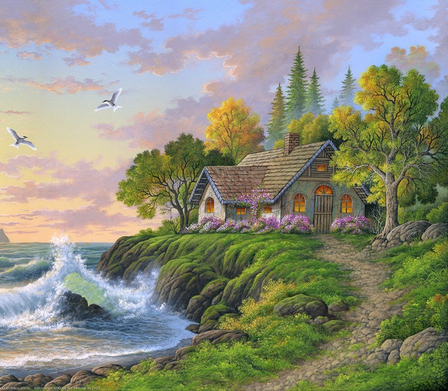 домик у моря - деревья, лето, природа, вода, пейзаж - оригинал