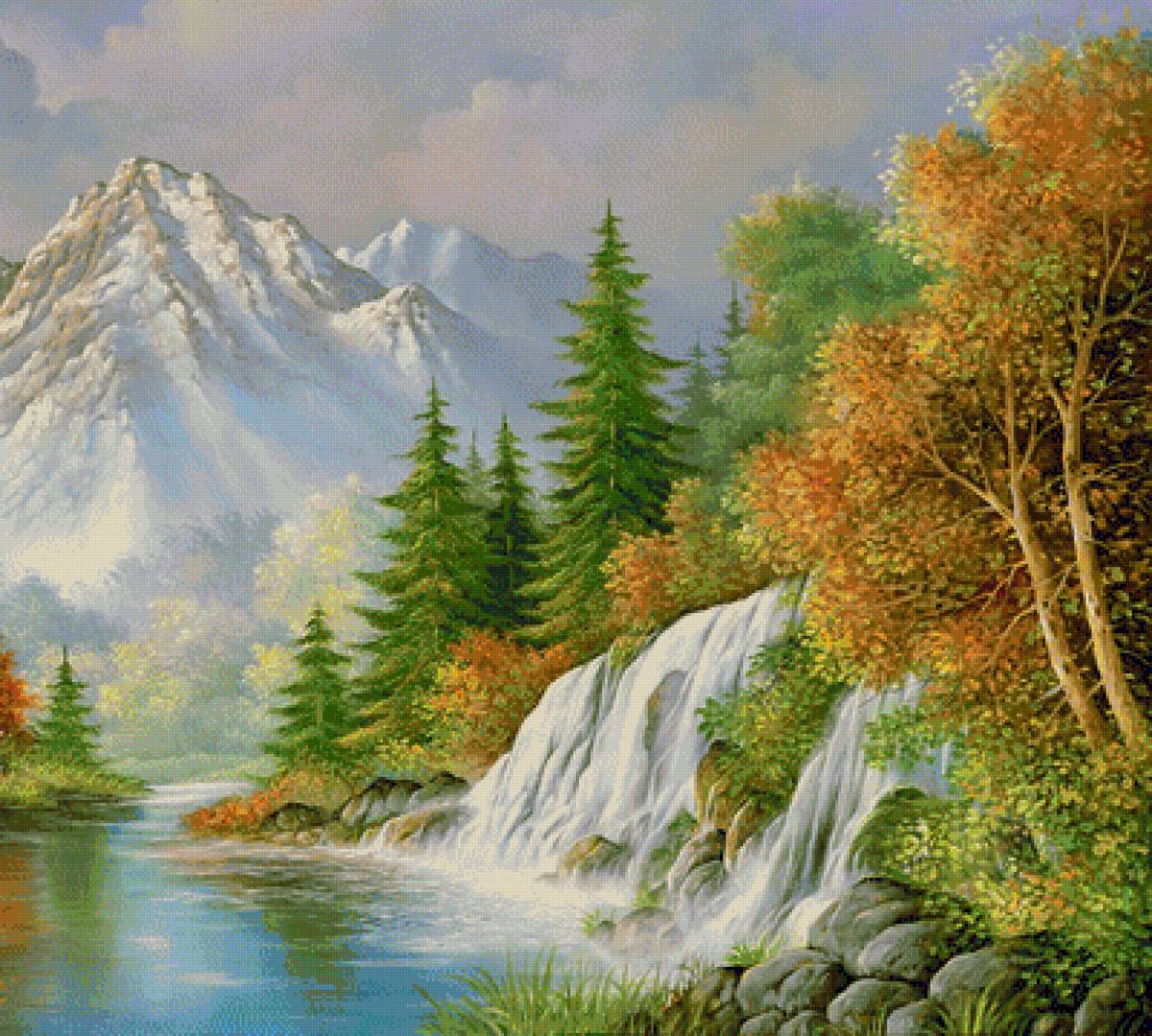 осенний пейзаж - вода, природа, горы, водопад, деревья, осень - предпросмотр