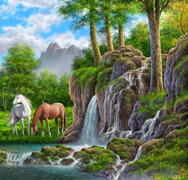 кони у водопада - деревья, животные, вода, природа, лето, пейзаж - оригинал