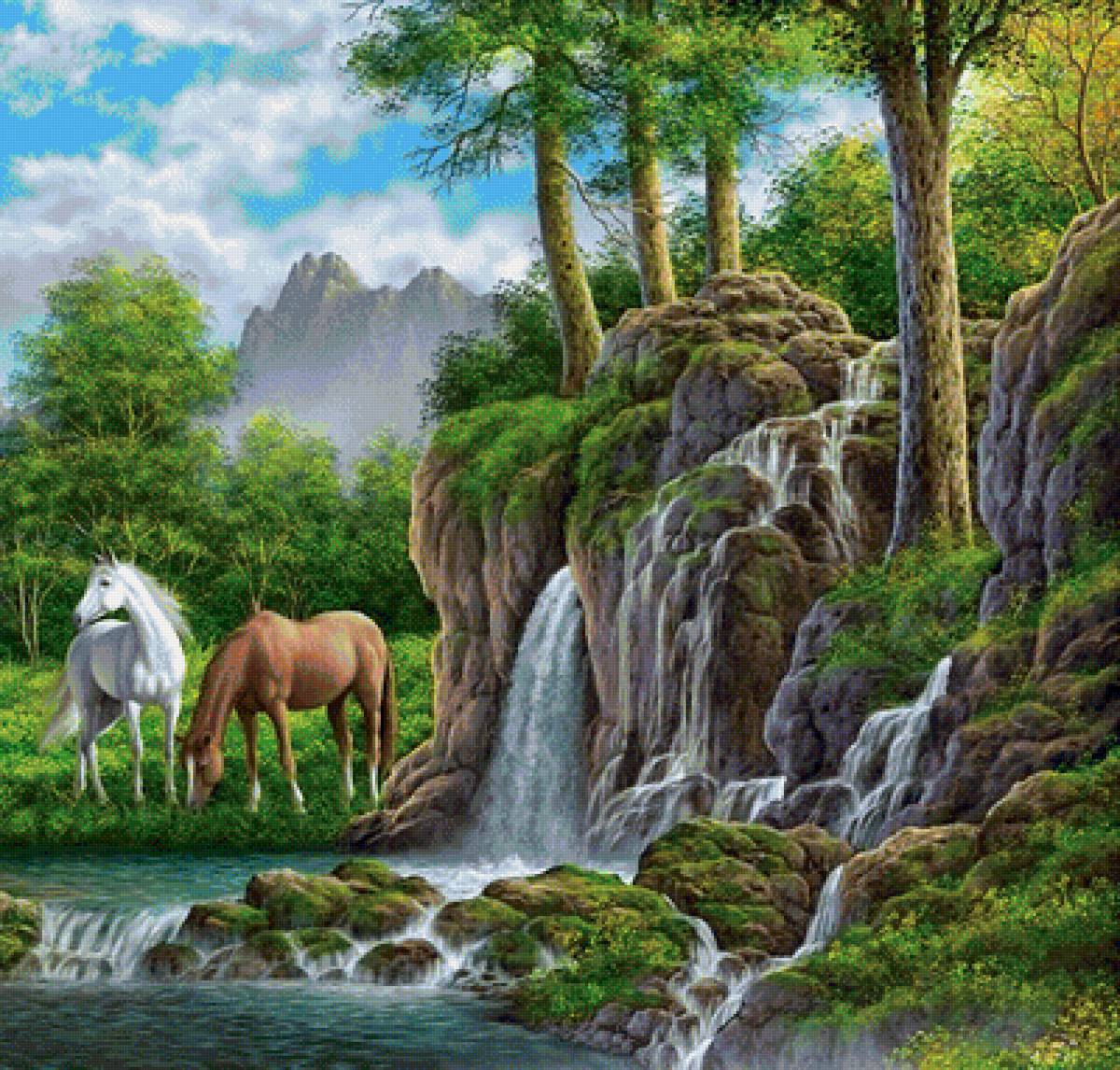 кони у водопада - пейзаж, животные, вода, деревья, природа, лето - предпросмотр