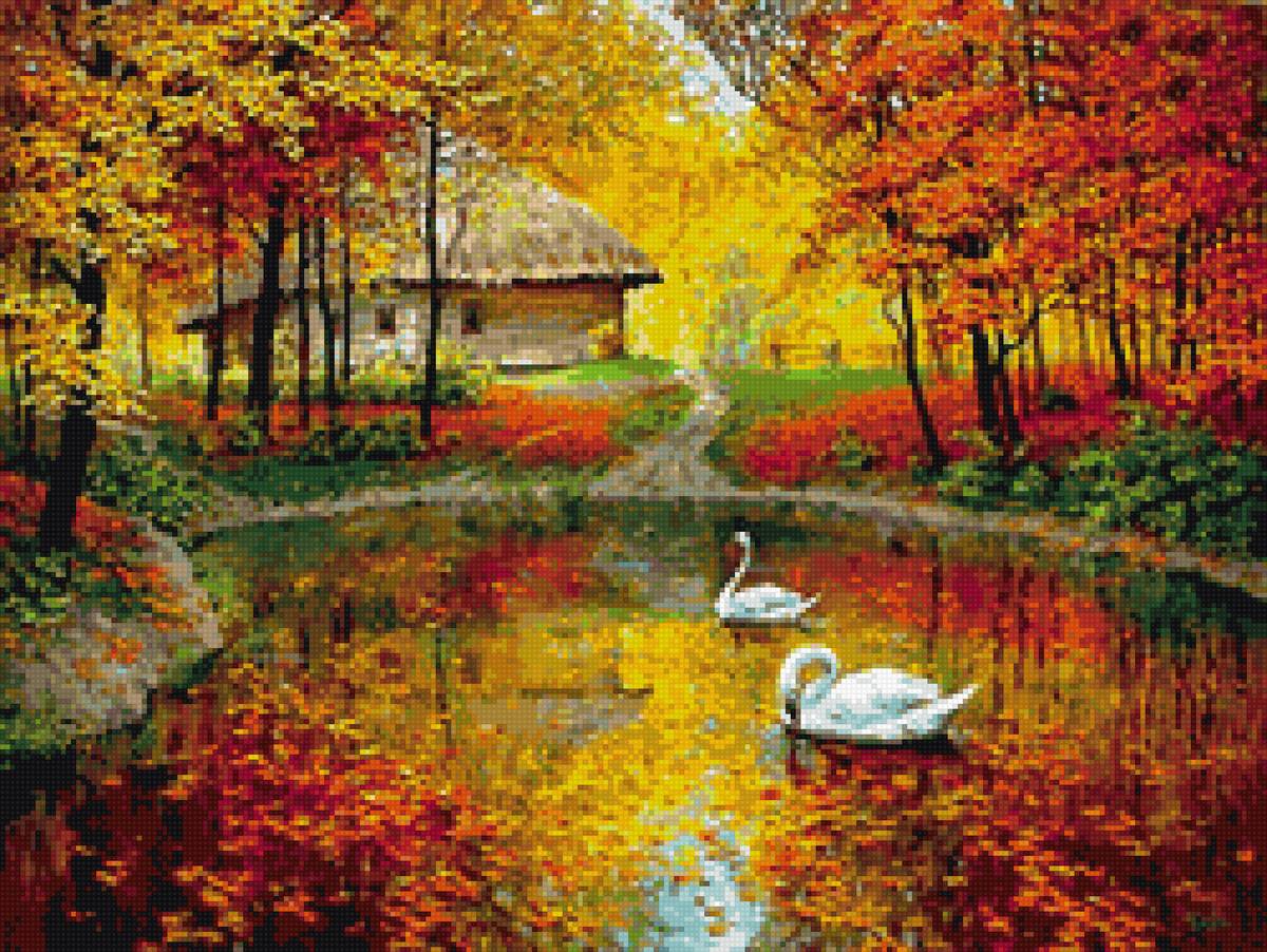 Осенний пруд - лебедь, осень, домик, лес - предпросмотр