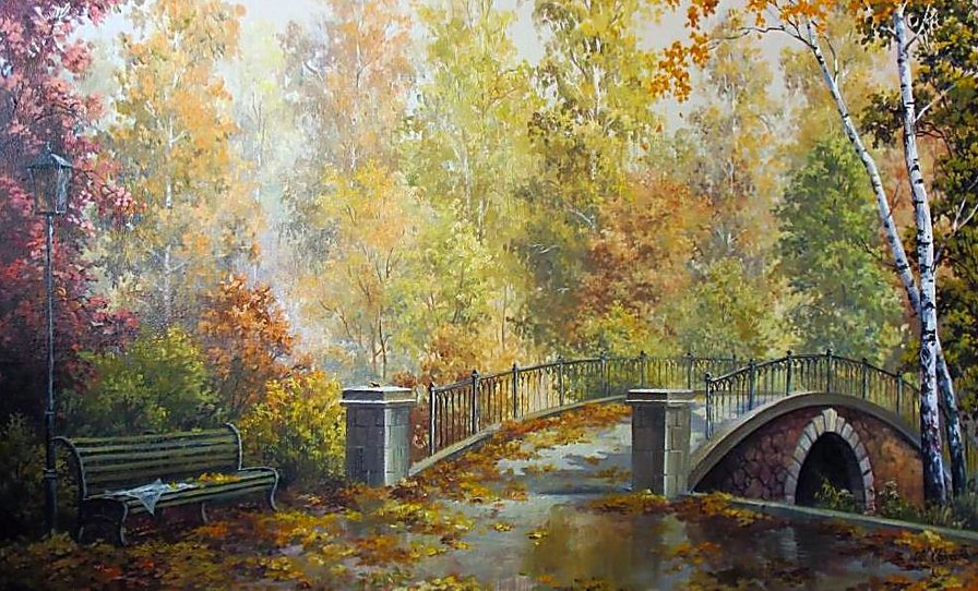 В осеннем парке - природа, осень, мост, живопись, пейзаж, парк, скамейка - оригинал