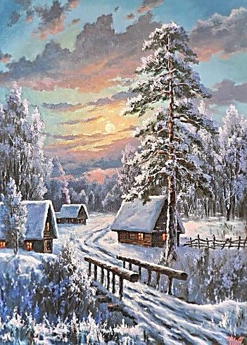 Зимняя ночь - мост, зима, дома, живопись, закат, природа, лес, пейзаж - оригинал