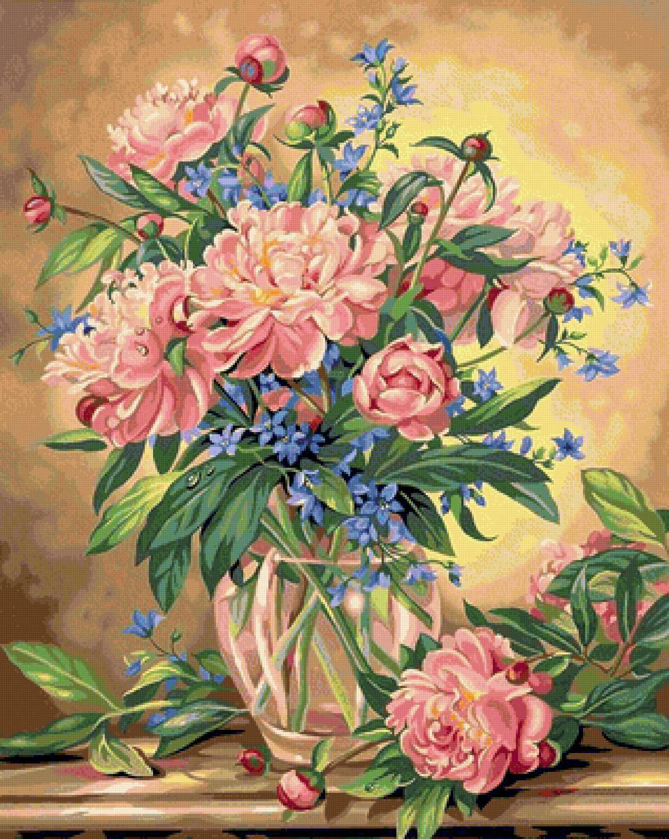 роскошный букет - голубые цветы, розовые цветы, пионы, синие цветы, незабудки, букет - предпросмотр