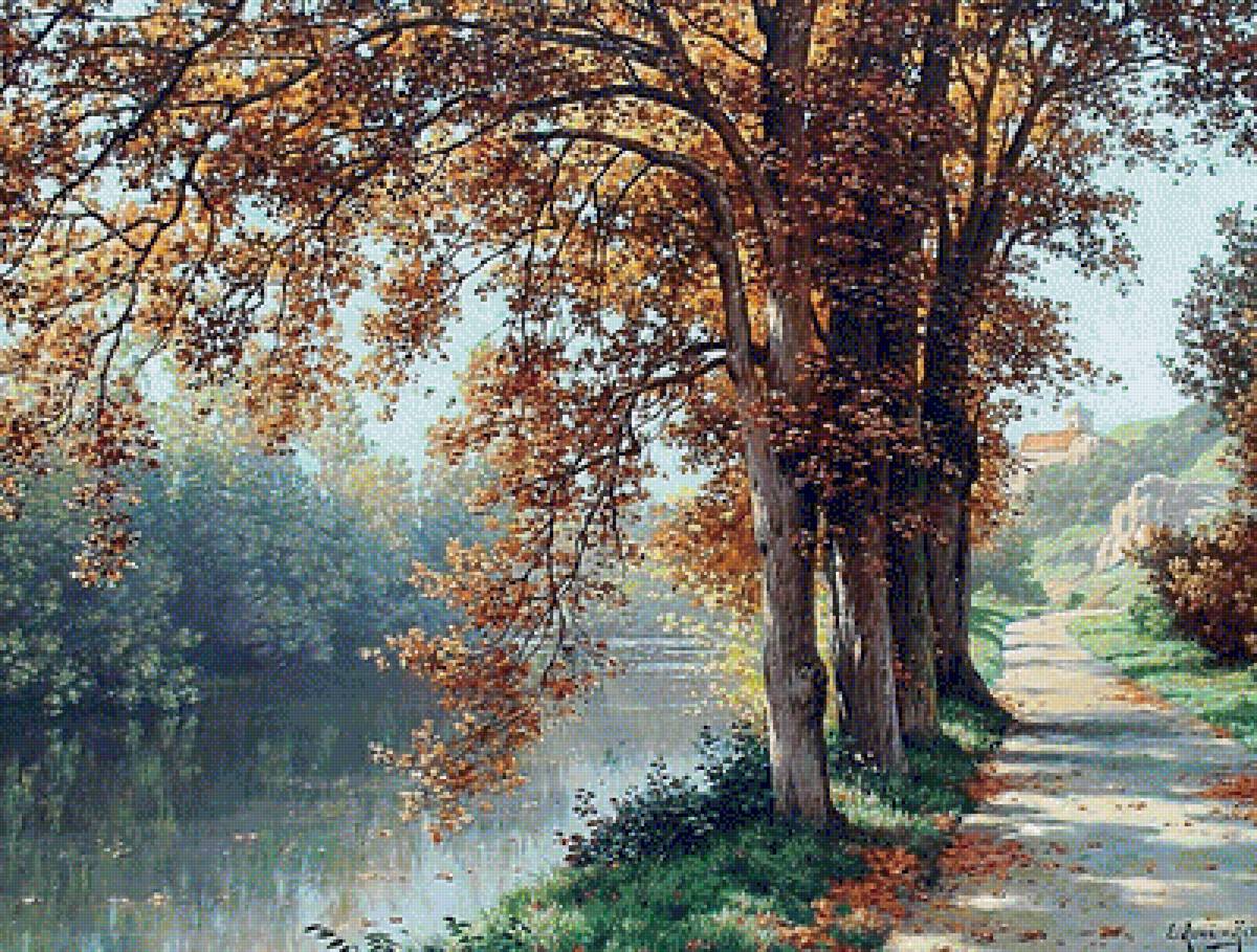 Худ. Rene His. Осень. - пейзаж, живопись., осень, река - предпросмотр