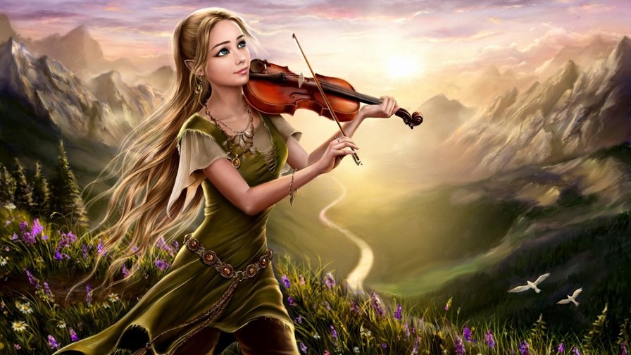 Скрипачка - скрипка, природа, музыка, фентези - оригинал