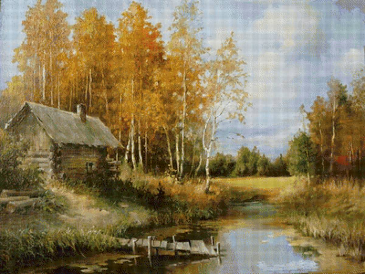 Осенний пейзаж - избушка, осень, лес, речка - предпросмотр