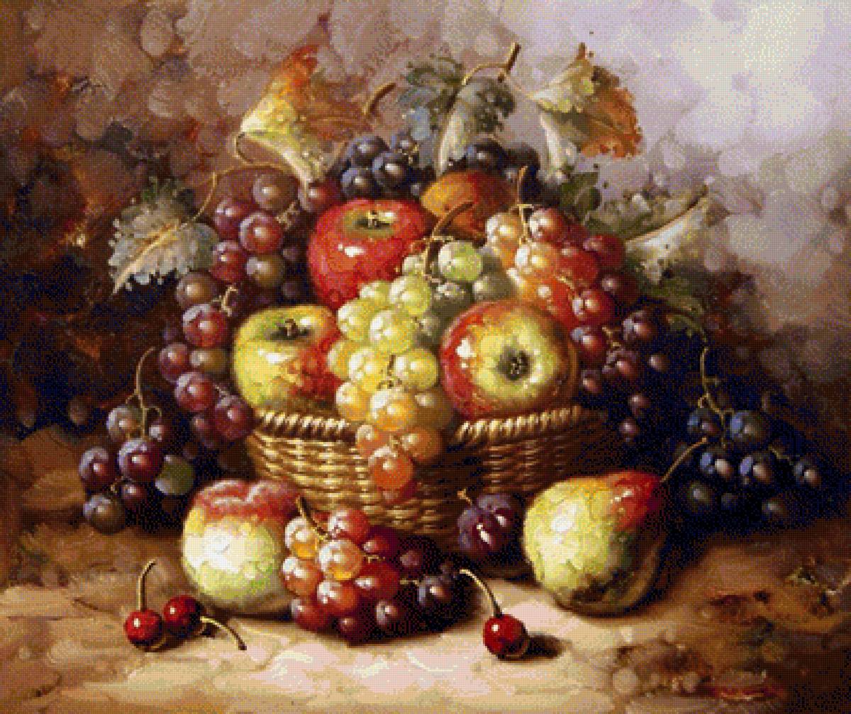 Фрукты в корзине - виноград, корзина, картина, яблоки - предпросмотр
