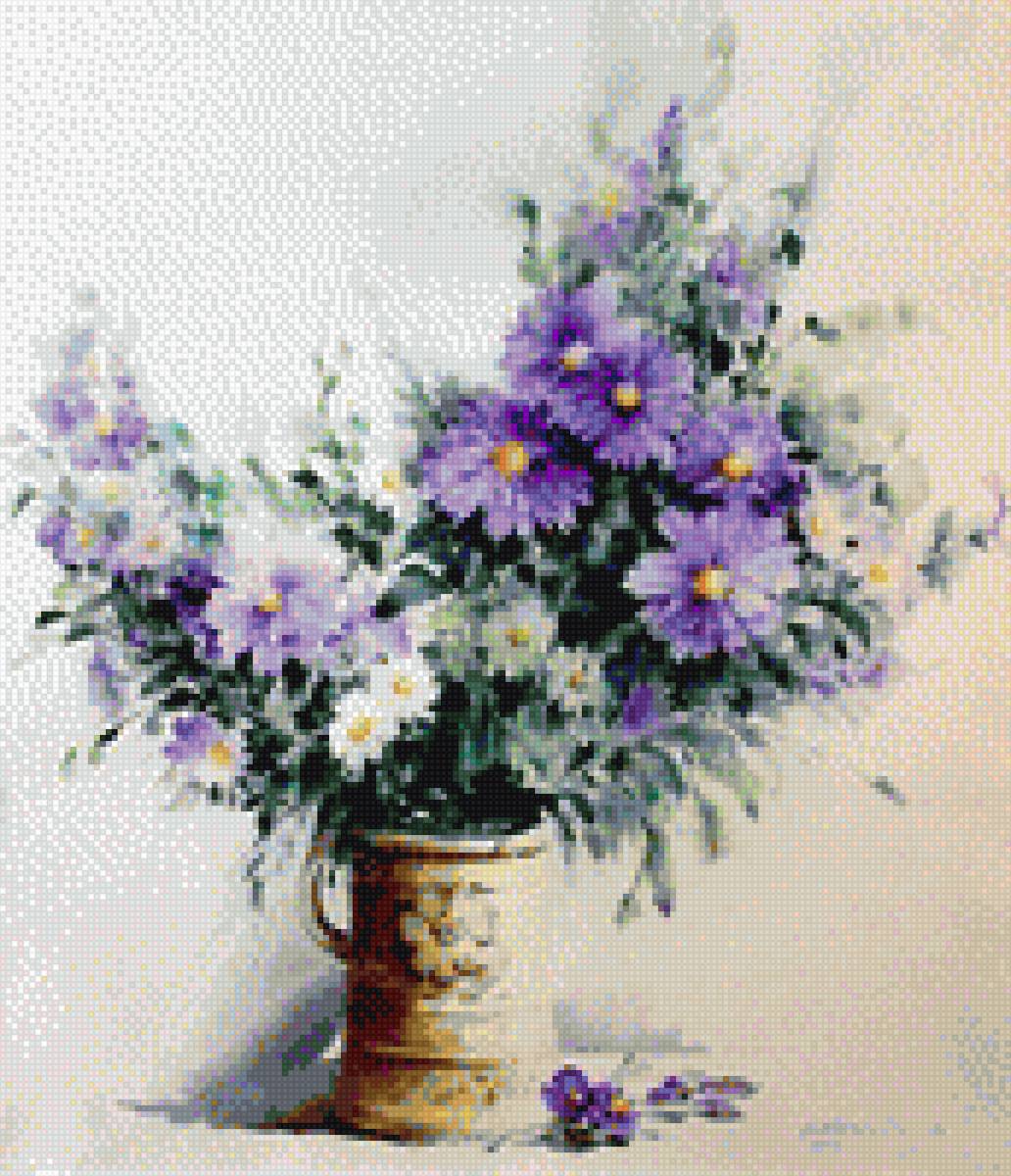 голубые уветы в глиняной вазе - вазы, цветы - предпросмотр