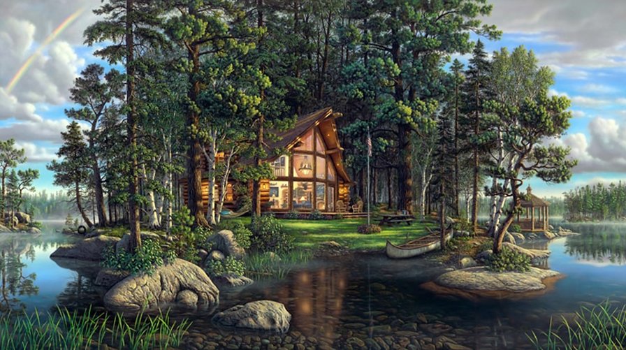 Дом у воды - природа, пейзаж, река, лето, лес - оригинал