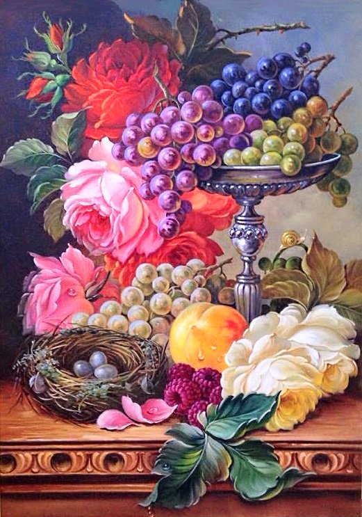 натюрморт в старинном стиле - ягоды, белые цветы, красные цветы, розы, натюрморт, виноград - оригинал