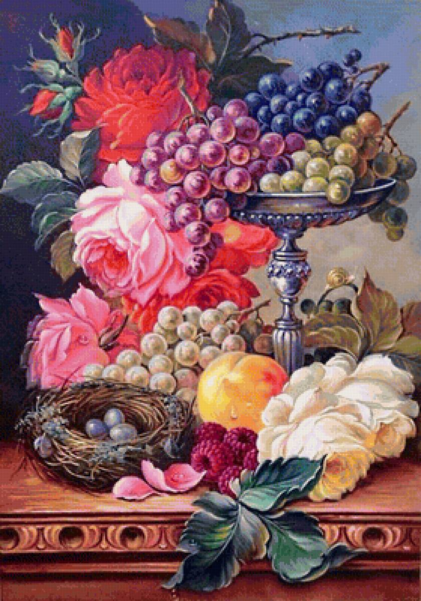 натюрморт в старинном стиле - белые цветы, красные цветы, розы, натюрморт, виноград, ягоды - предпросмотр