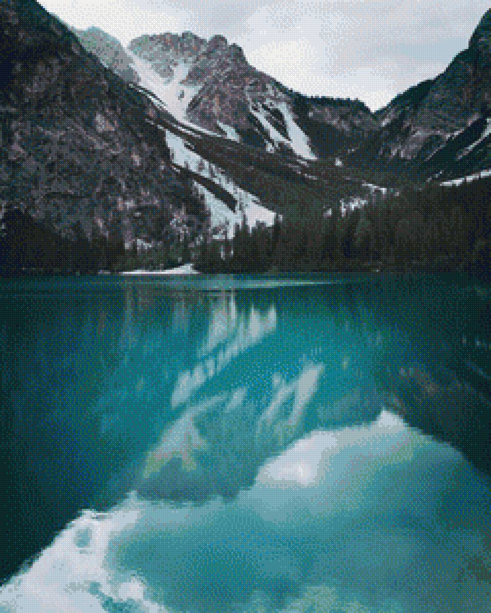 Озеро в горах - горы, озеро, снег - предпросмотр