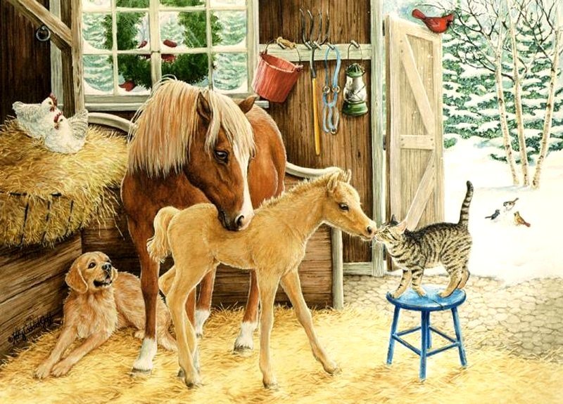 Лошадь с жеребенком. - кошки, животные, лошади, зима, собаки - оригинал