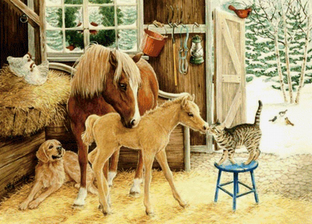 Лошадь с жеребенком. - животные, собаки, зима, лошади, кошки - предпросмотр