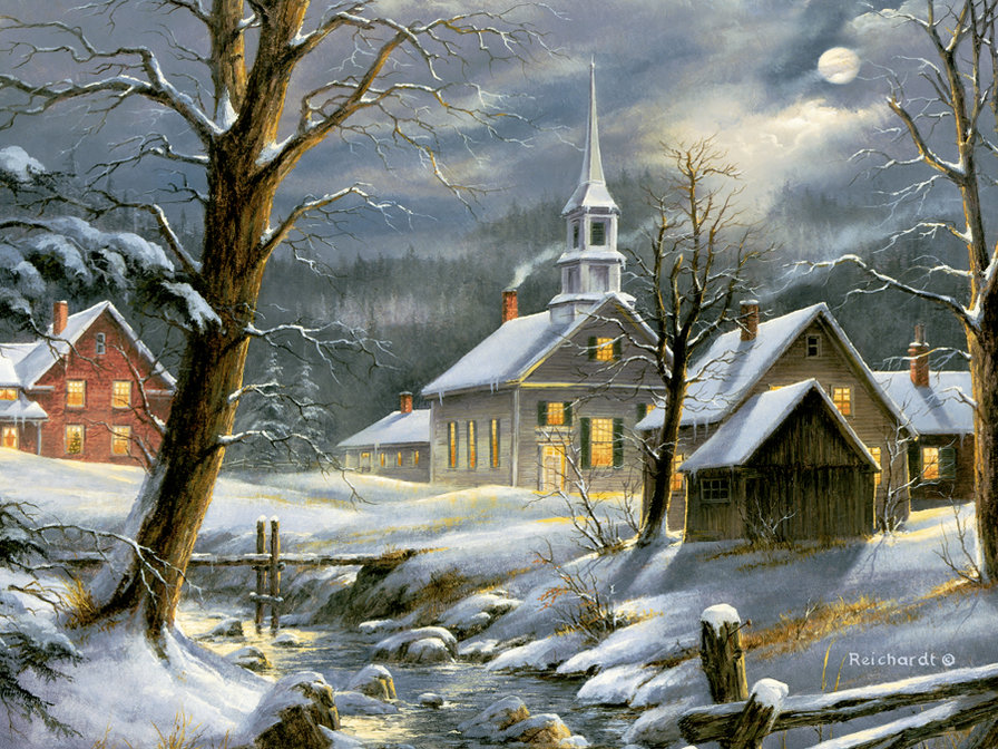zimná krajinka,kostol - оригинал
