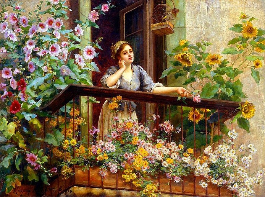 Девушка на балконе - девушка, утро, цветы - оригинал
