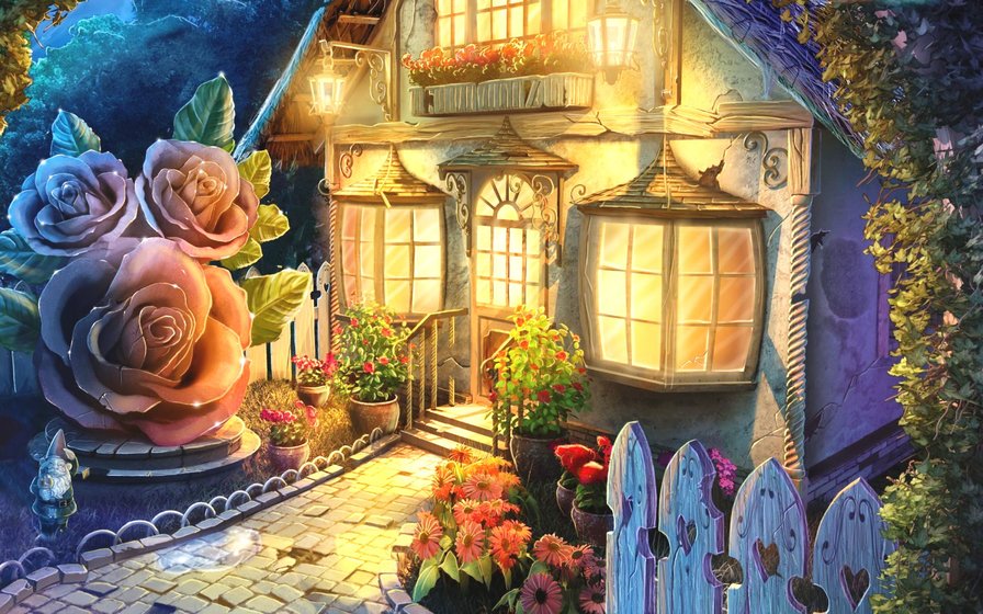 Сказочный домик - домик в цветах, дом, розы - оригинал
