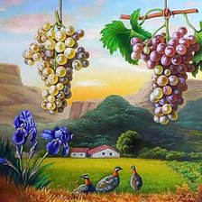 Худ.Juan Antonio Pradales.Натюрморт с виноградом на фоне пейзажа