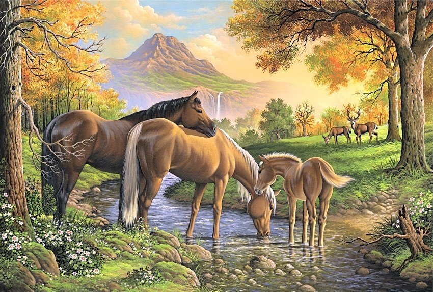 на водопое - кони, горы, олени, лошади, осень, лес, домашние животные - оригинал