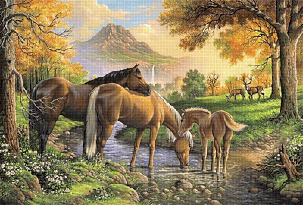 на водопое - лес, осень, олени, домашние животные, кони, горы, лошади - предпросмотр