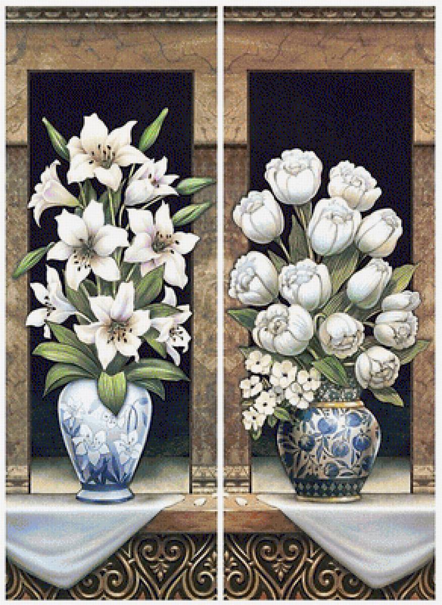 белые цветы - тюльпаны, весенние цветы, диптих, ниша, букет, лилии, белые цветы - предпросмотр