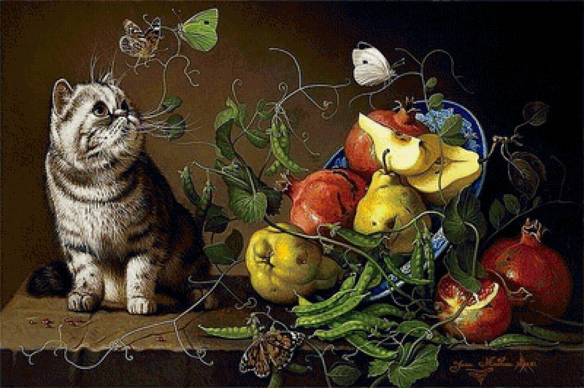 натюрморт с фруктами и котом - натюрморт, кот - предпросмотр