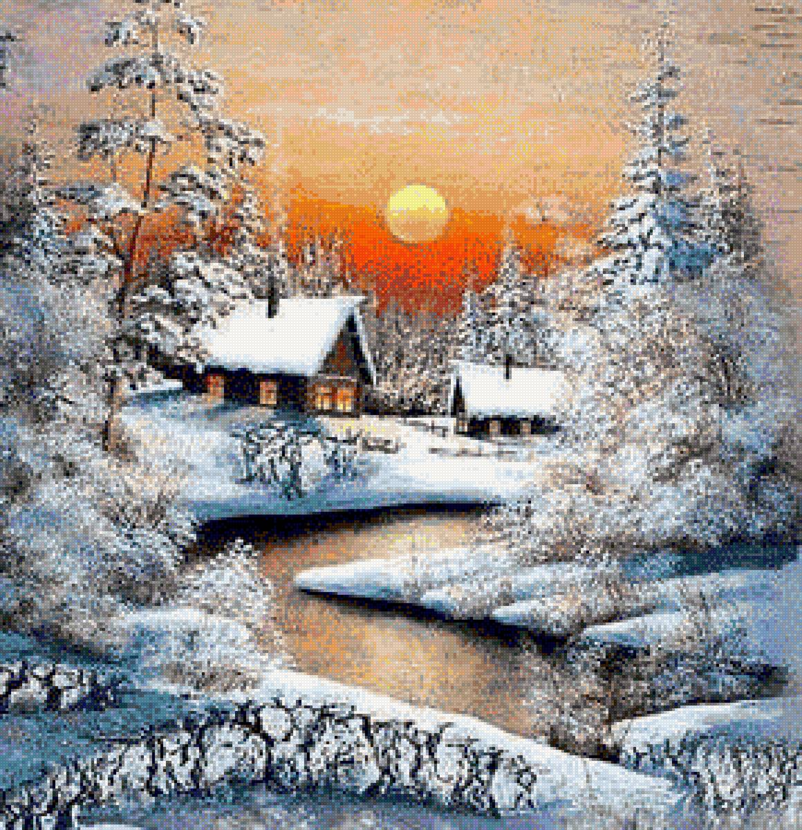 Зимний вечер - закат, деревня, зима - предпросмотр