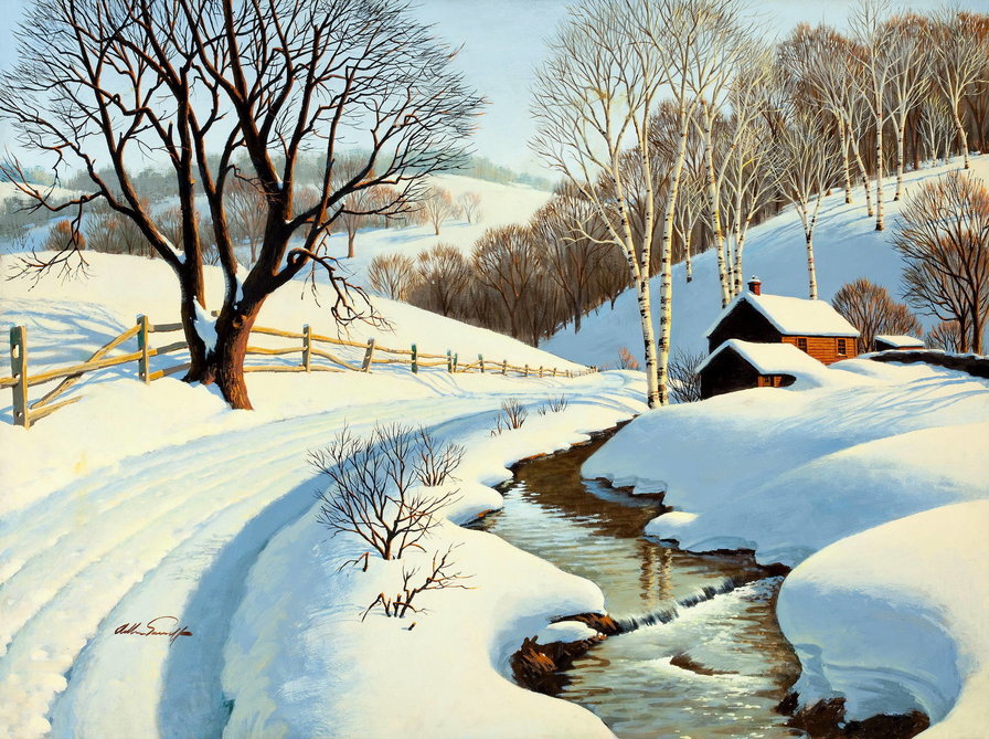 зима в деревне - деревня, река, береза, пейзаж, зима - оригинал