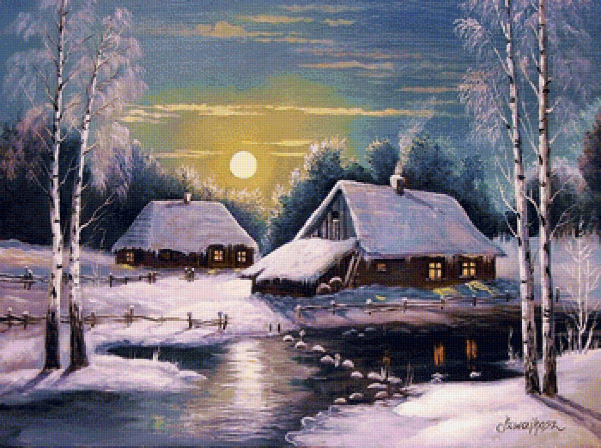 зима в деревне - зима, река, береза, деревня, пейзаж - предпросмотр