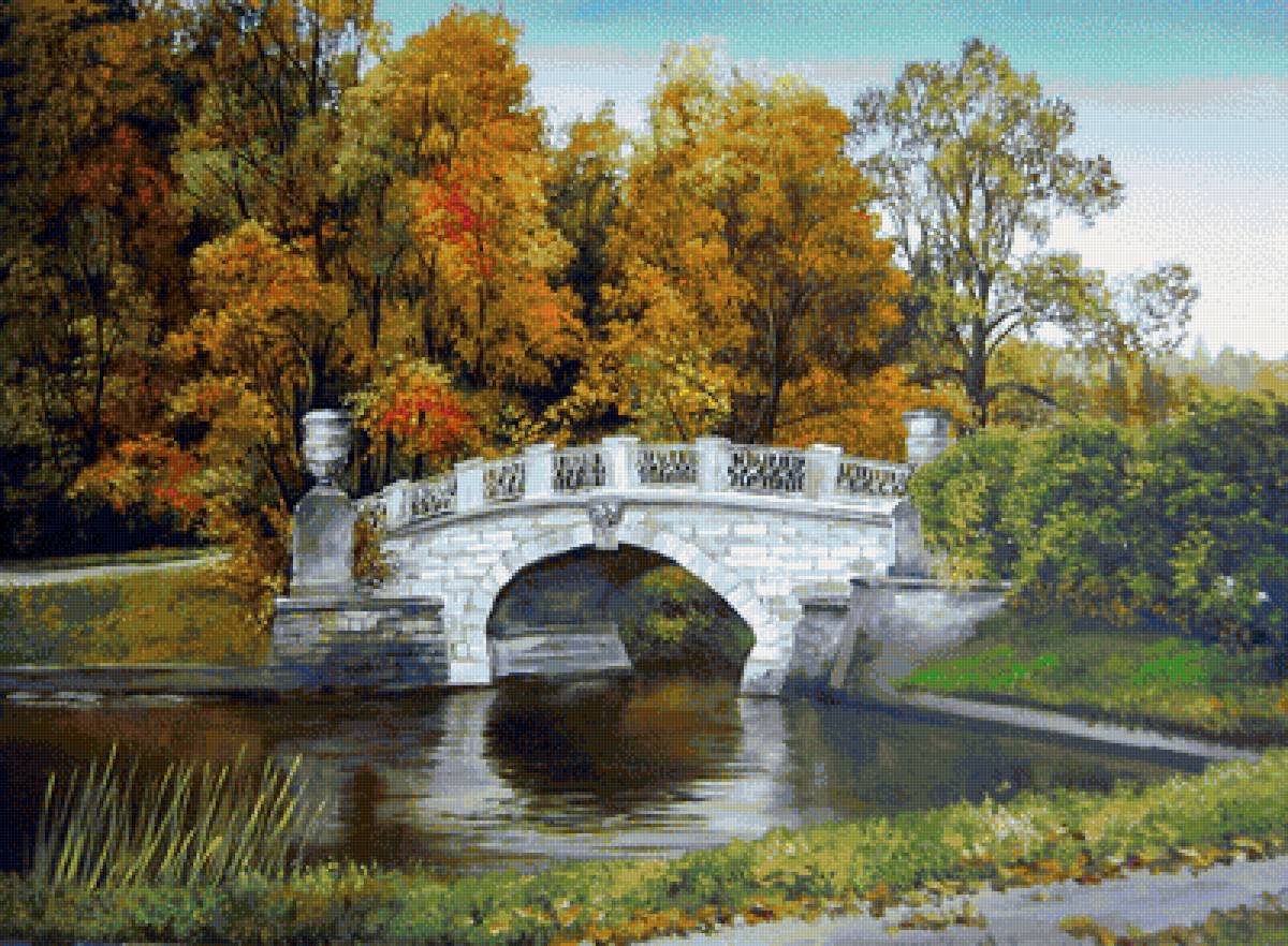 По картине А.Былича - деревья, осень, пейзаж, речка, мостик - предпросмотр