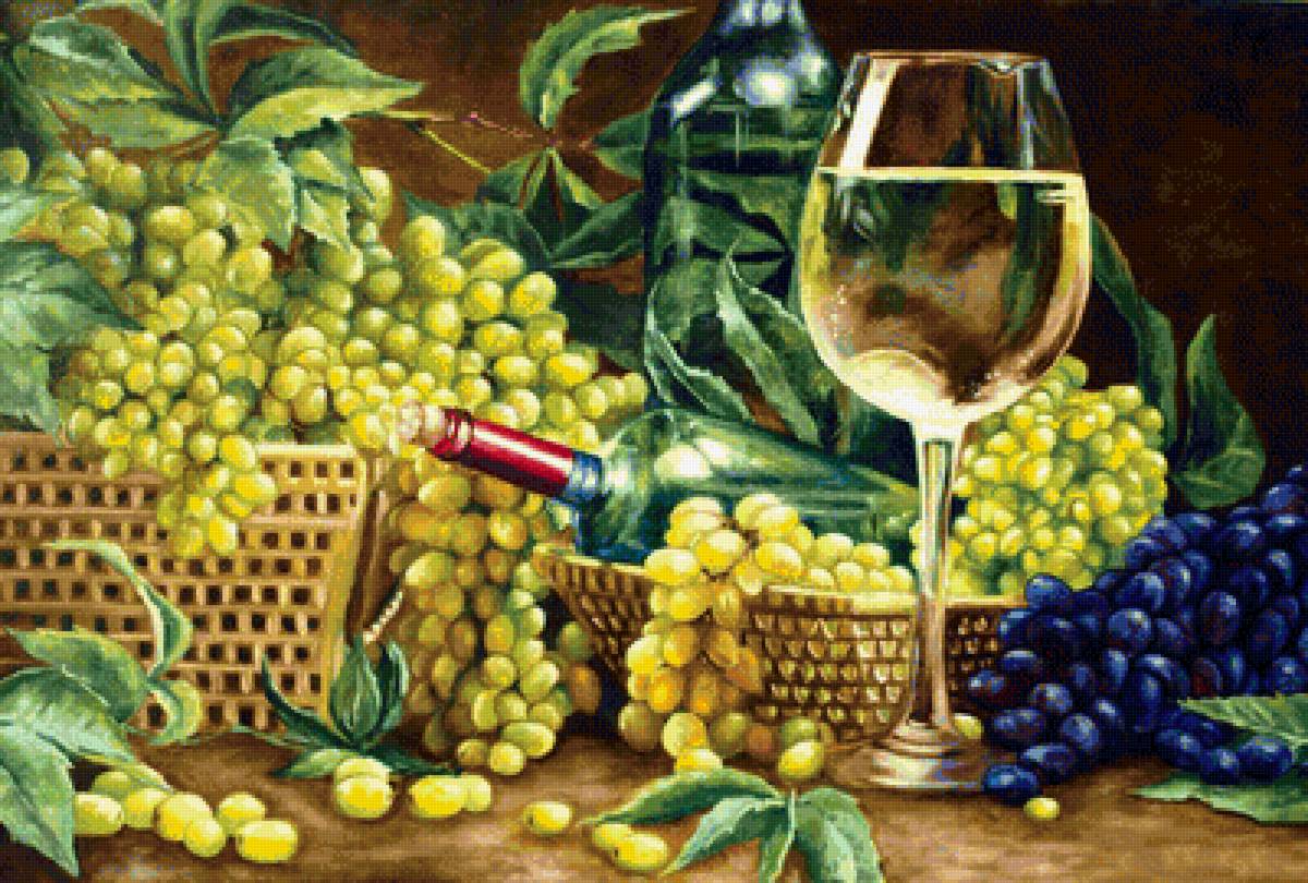 Виноградный натюрморт - виноград, вино, бокал, натюрморт, фрукты - предпросмотр