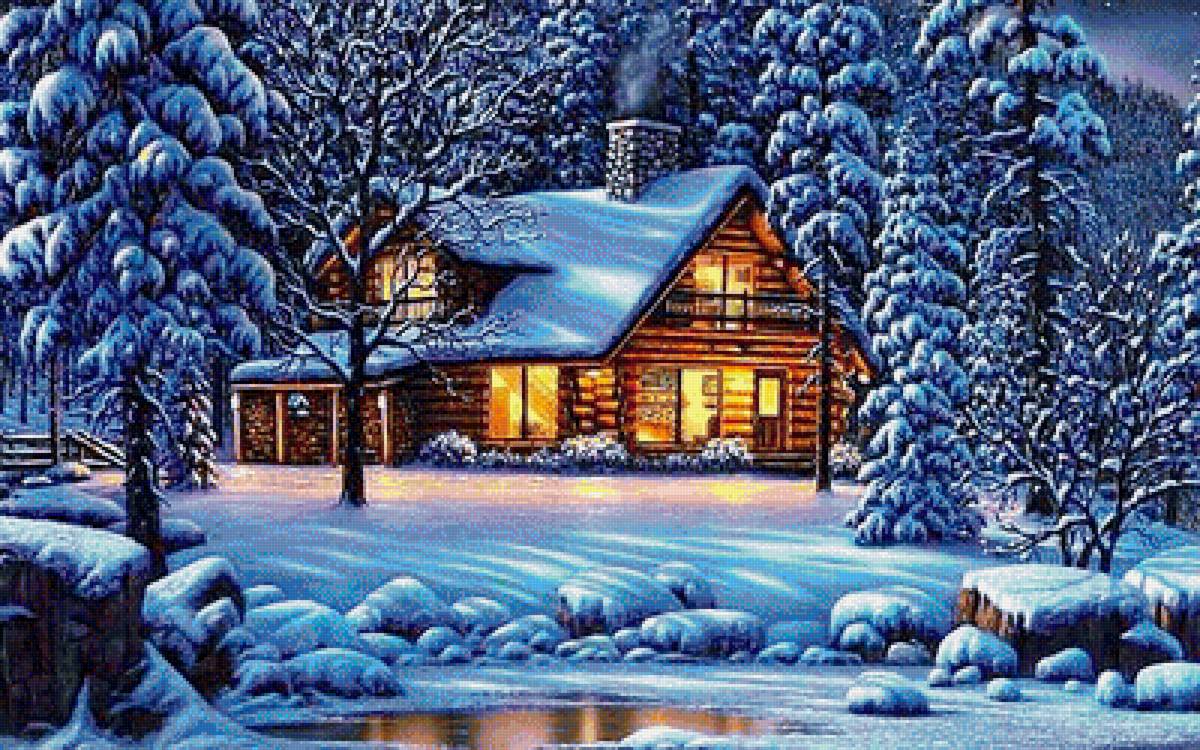дом в зимнем лесу - пейзаж, живопись, снег, зима - предпросмотр