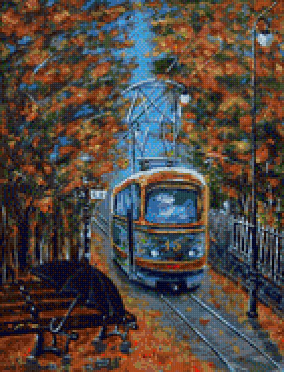 осенний трамвай - осень, город, транспорт - предпросмотр