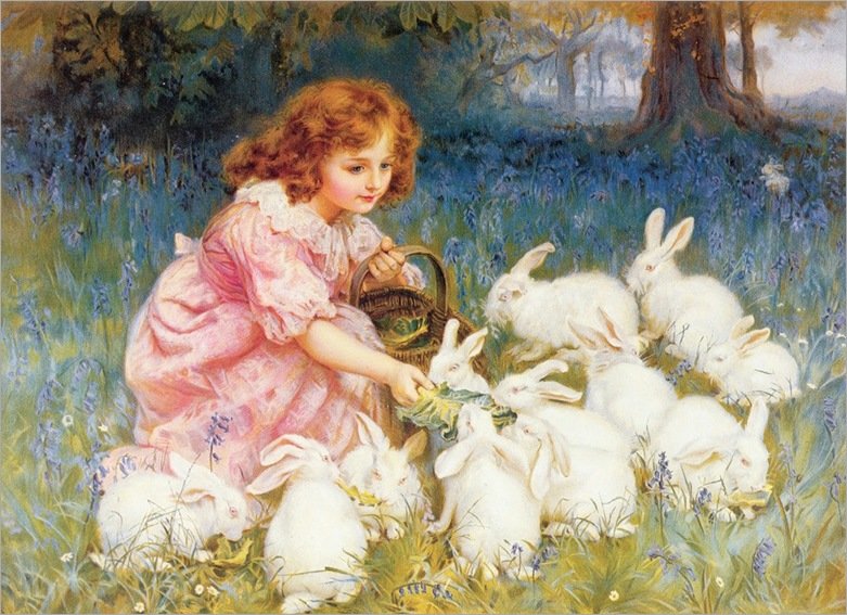 Девочка с зайцами на полянке - дети с животными - оригинал