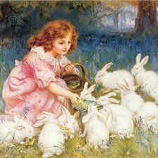 Оригинал схемы вышивки «Девочка с зайцами на полянке» (№1351877)