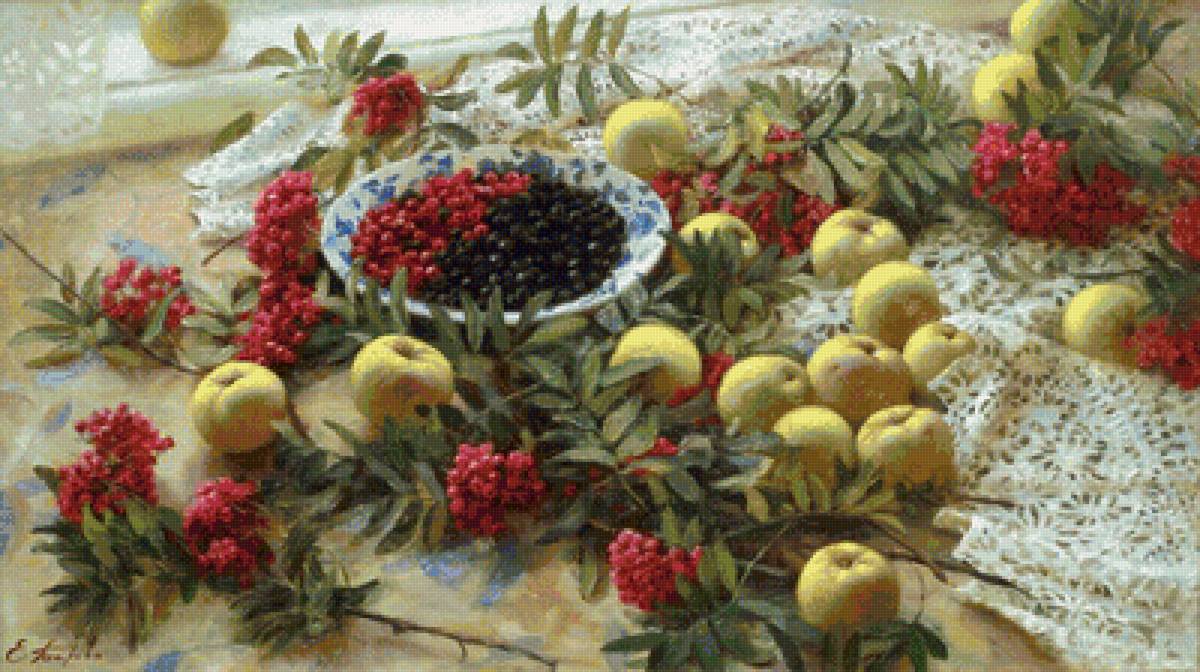 Натюрморт с рябиной по картине Е.Петровой - яблоки, рябина, кружево, стол - предпросмотр