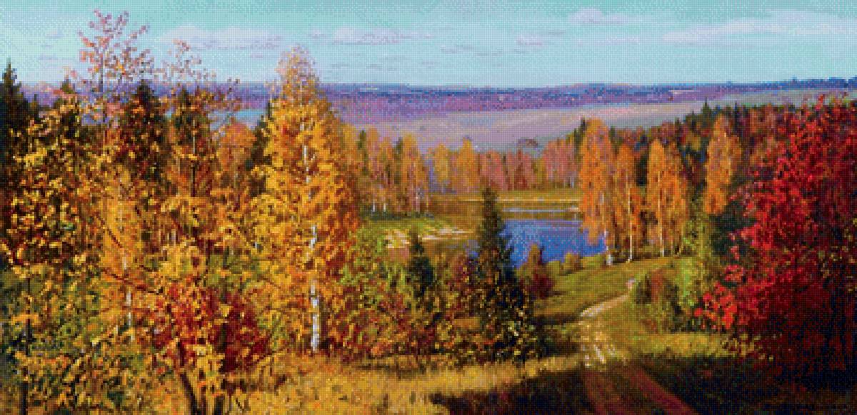 Красивая осень по картине Бродской Л.И. - лес, озеро, природа, осень - предпросмотр