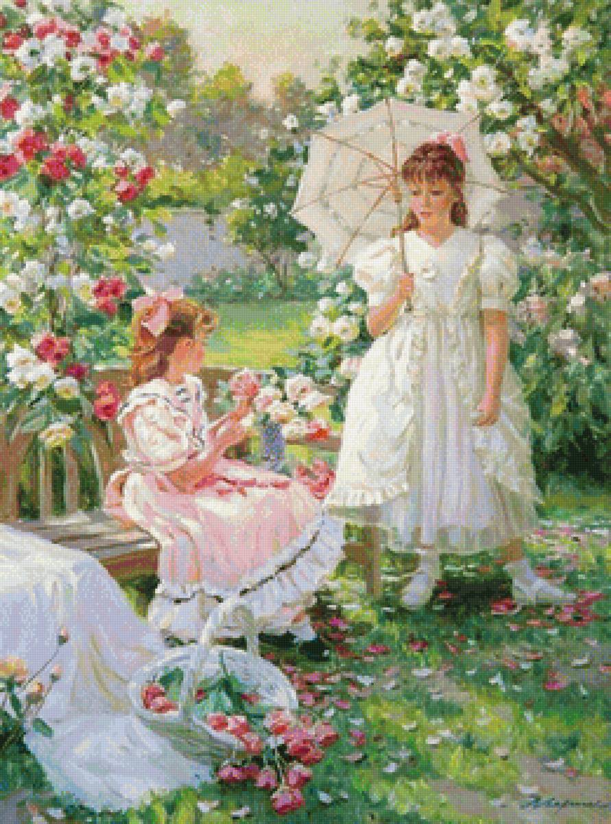Девочки в саду - цветы, дети, сад - предпросмотр