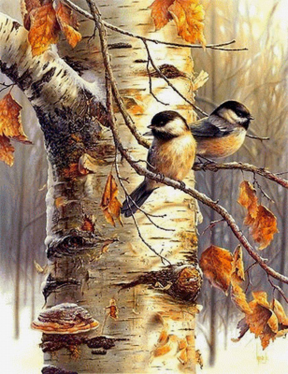птички - птицы, картина, осень, пейзаж, природа - предпросмотр