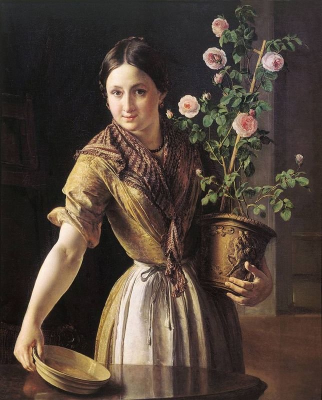 Девушка с горшком с розами - картины известных художников - оригинал